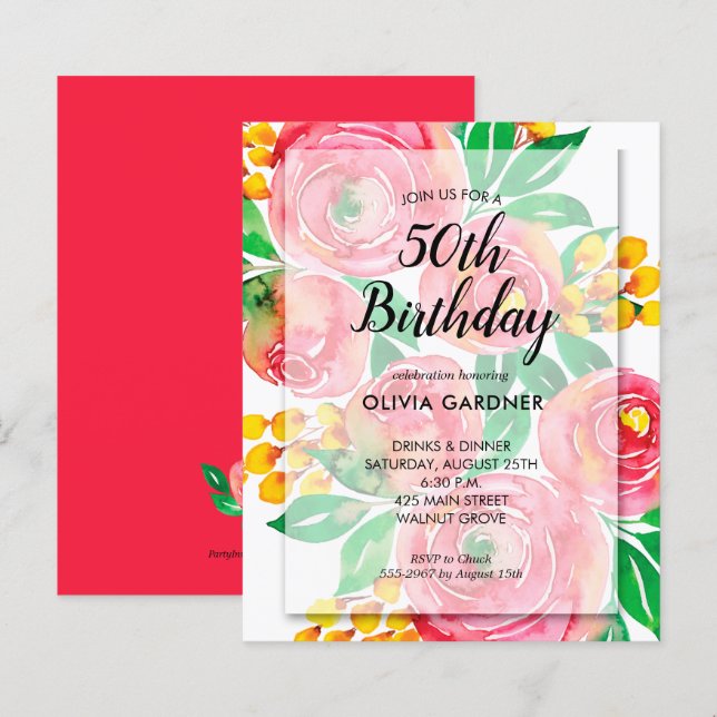 Lámina Invitaciones de cumpleaños florales con acuarela v (Anverso / Reverso)