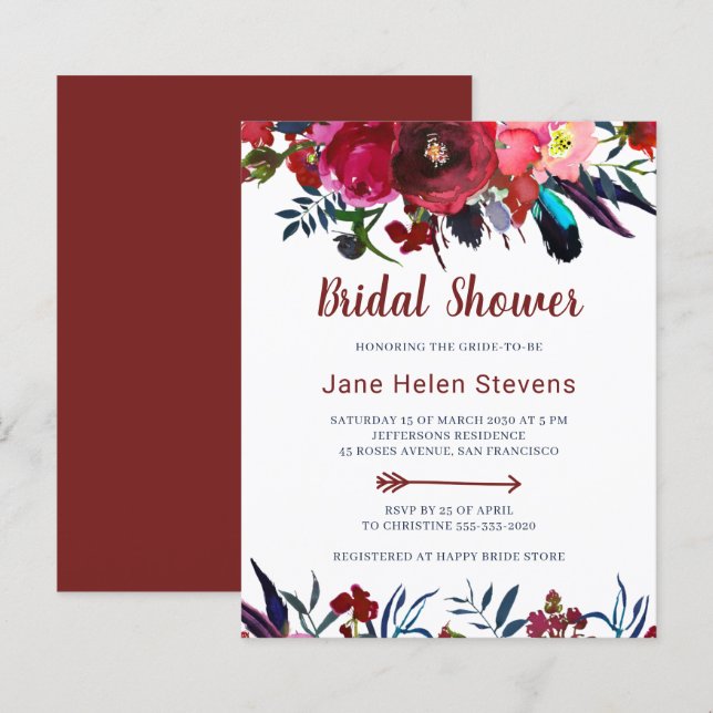 Lámina Invitaciones de ducha de novia boho chic florales  (Anverso / Reverso)