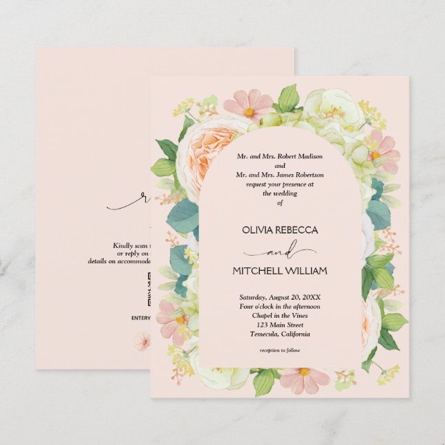 Lámina Invitaciones de matrimonio de código QR floral de  (Anverso / Reverso)