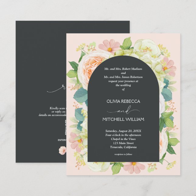 Lámina Invitaciones de matrimonio de código QR floral de  (Anverso / Reverso)