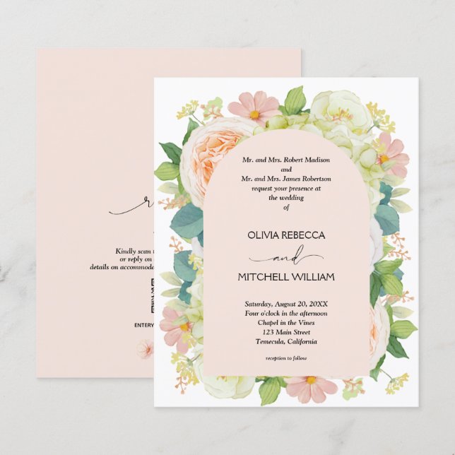 Lámina Invitaciones de matrimonio de código QR floral de  (Anverso / Reverso)
