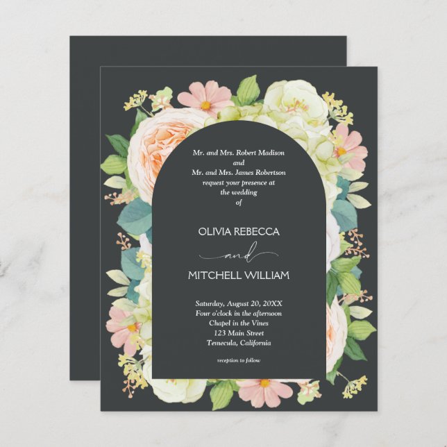 Lámina Invitaciones de matrimonio floral de código QR pre (Anverso / Reverso)