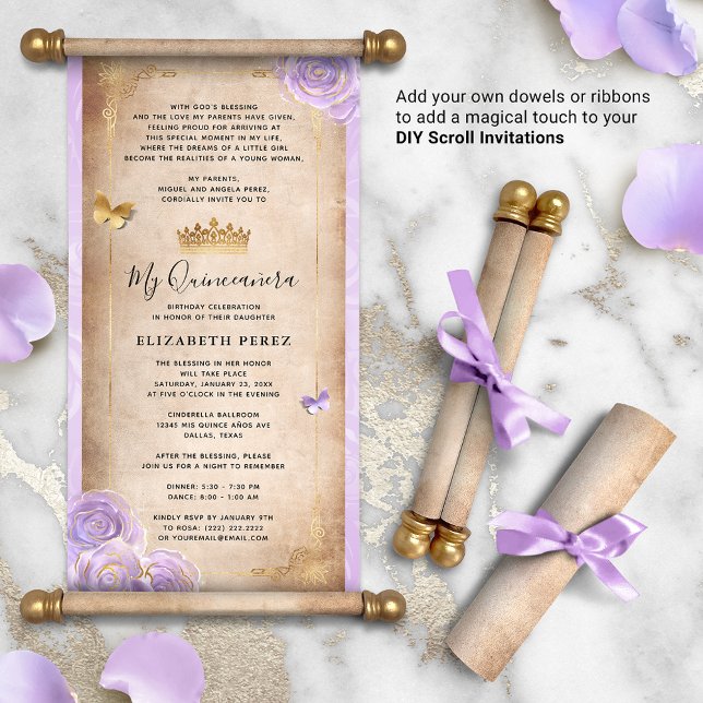 Lámina Invitaciones de pergamino de cuarzo de oro morado  (DIY scrolls do not come with dowels. Add your own or roll up with a ribbon for a personalized touch!)