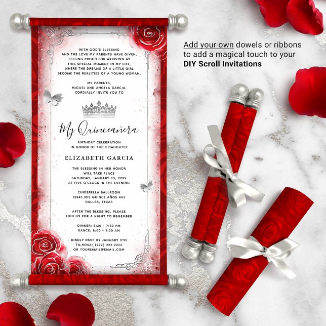 Lámina Invitaciones de pergamino de cuarzo rojo brillante (How will you present your red quinceanera DIY scrolls? There are so many creative possibilities!)