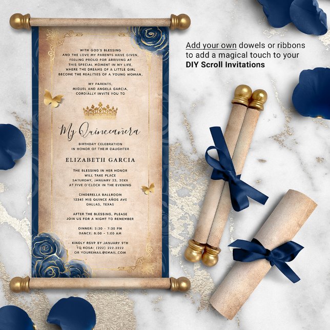 Lámina Invitaciones de pergamino de la Quinceanera azul d (DIY scrolls do not come with dowels. Add your own or roll up with a ribbon for an elegant touch!)