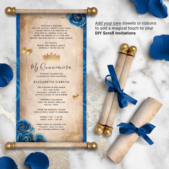Lámina Invitaciones de pergamino de la Quinceanera azul r (DIY scrolls do not come with dowels. Add your own or roll up with a ribbon for an elegant touch!)