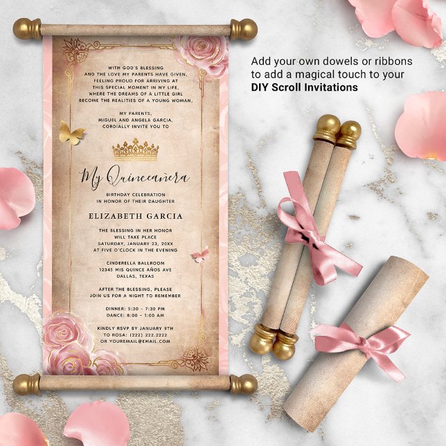 Lámina Invitaciones de pergamino de Quince Gold de Rosa R (DIY scrolls do not come with dowels. Add your own or roll up with a ribbon for a personalized touch!)
