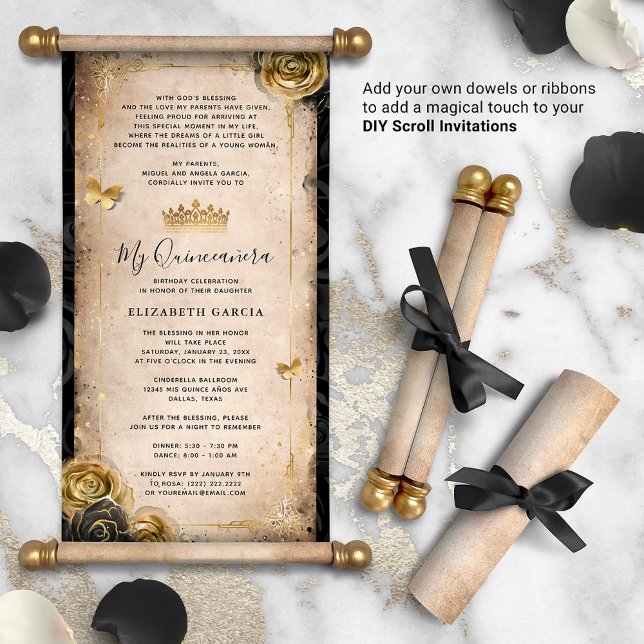 Lámina Invitaciones de pergamino de Quinceanera DIY Gold  (DIY scrolls do not come with dowels. Add your own or roll up with a ribbon for a personalized touch!)
