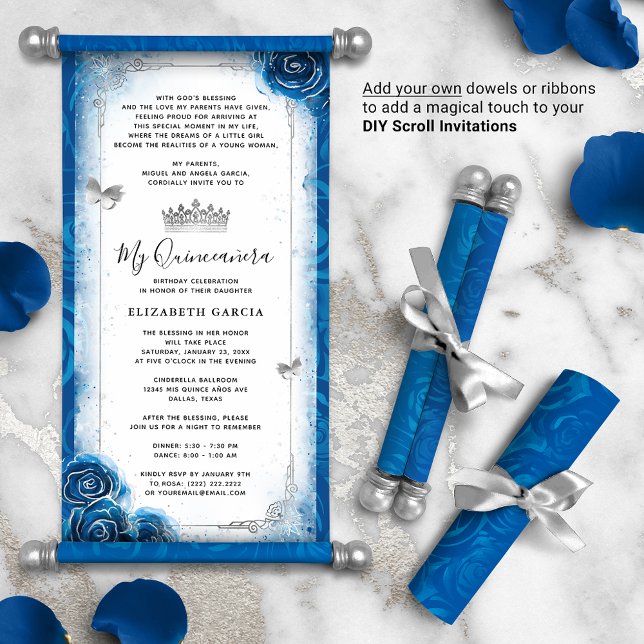 Lámina Invitaciones de pergamino de Silver Royal Blue Qui (DIY scrolls do not come with dowels. Add your own or roll up with a ribbon for an elegant touch!)