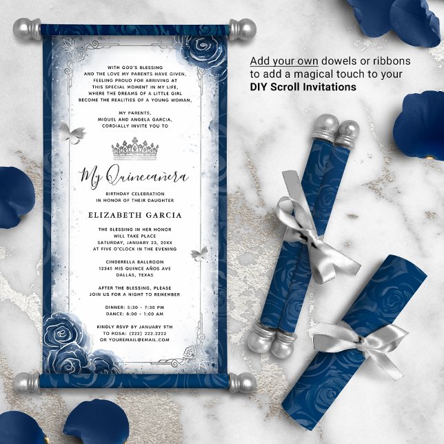 Lámina Invitaciones de pergamino de Silver y Navy Blue Qu (DIY scrolls do not come with dowels. Add your own or roll up with a ribbon for an elegant touch!)