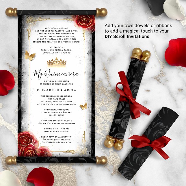 Lámina Invitaciones de Pergamino DIY de Quince Rojo Negro (DIY scrolls do not come with dowels. Add your own or roll up with a ribbon for an elegant touch!)