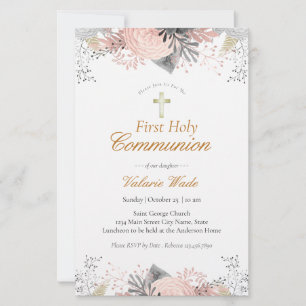 Lámina Invitaciones de Primera Comunión Florales Rosadas