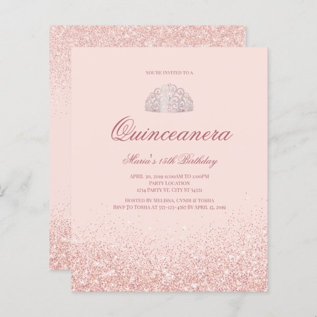 Lámina Invitaciones de Quinceanera Rosa de oro a descuent (Anverso / Reverso)