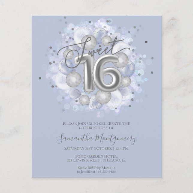 Lámina Invitaciones económicas para Sweet 16 con globos d (Anverso)