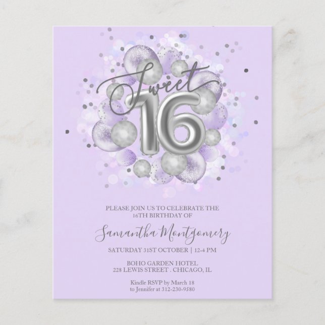 Lámina Invitaciones económicas para Sweet 16 con globos d (Anverso)