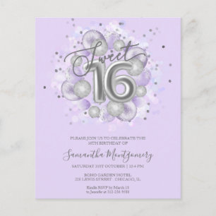 Lámina Invitaciones económicas para Sweet 16 con globos d