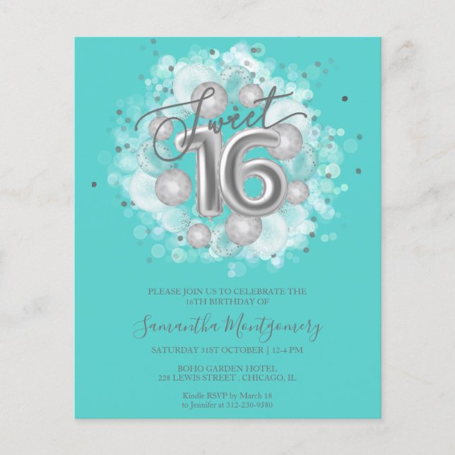 Lámina Invitaciones económicas para Sweet 16 con globos d (Anverso)