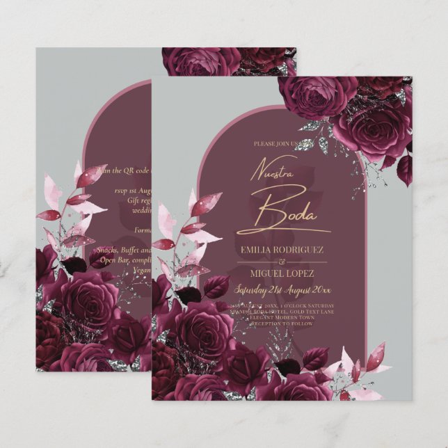 Lámina INVITACIONES NUESTRA BODA Wine Red Roses (Anverso / Reverso)
