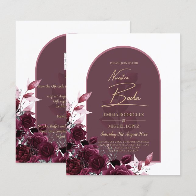 Lámina INVITACIONES NUESTRA BODA Wine Red Roses (Anverso / Reverso)