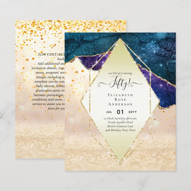 Lámina Invitaciones para Cumpleaños 50 Glitter Glamour (Anverso / Reverso)