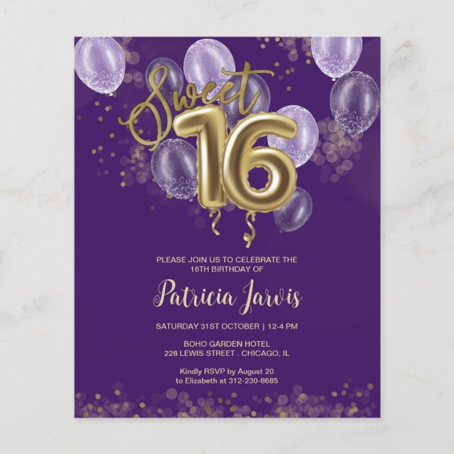 Lámina Invitaciones presupuestarias de Gold Sweet 16 Bday (Anverso)
