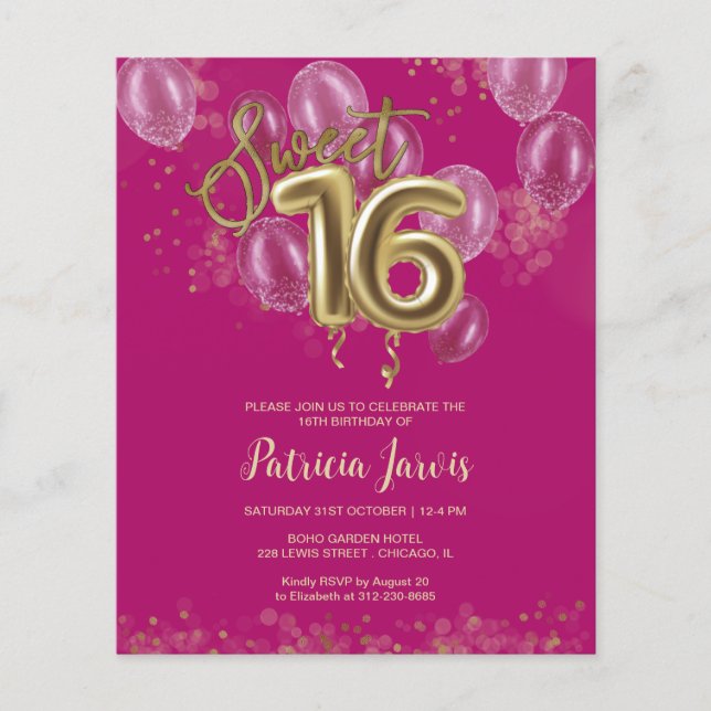 Lámina Invitaciones presupuestarias de Gold Sweet 16 Bday (Anverso)