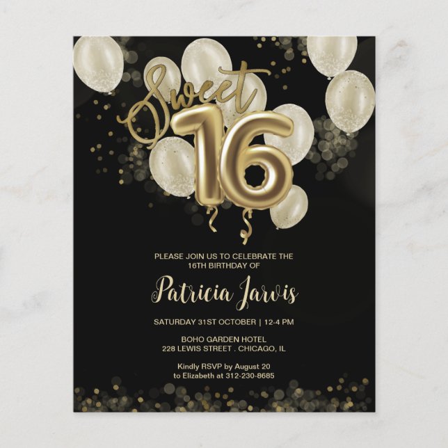 Lámina Invitaciones presupuestarias de Gold Sweet 16 Bday (Anverso)