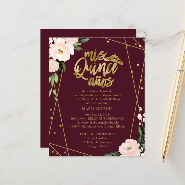 Lámina Invitaciones Quinceanera de presupuesto Rubor de o (Anverso/Reverso In Situ)