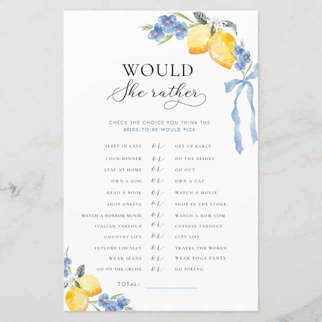 Lámina Italian Bow & Lemons Bridal Would She Rather Game (Anverso)