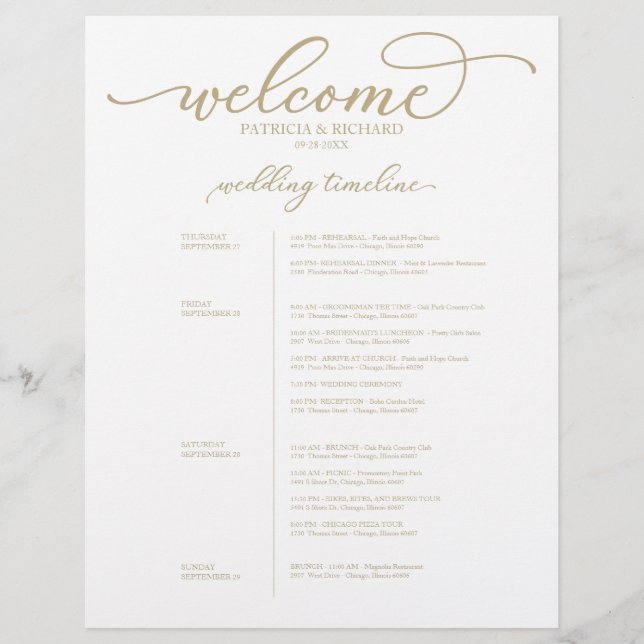 Lámina Itinerario de boda de 4 días Chic Gold Script (Anverso)