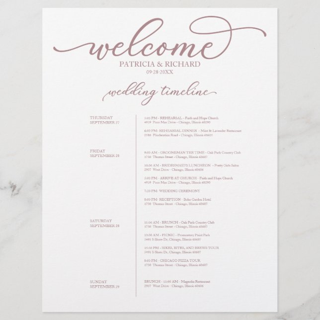 Lámina Itinerario de boda de 4 días Chic Rose Gold Script (Anverso)
