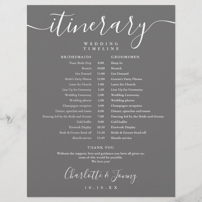 Lámina Itinerario de bodas gris calendario de programació (Anverso)