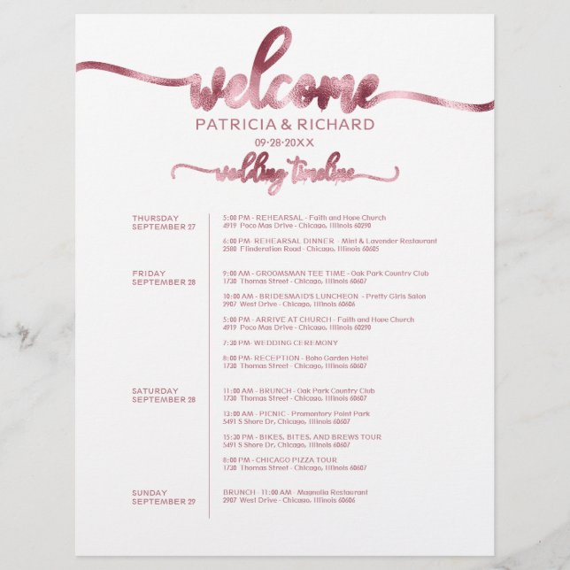 Lámina Itinerario de fin de semana de boda de 4 días Chic (Anverso)