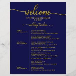 Lámina Itinerario de fin de semana de boda Gold Navy Blue
