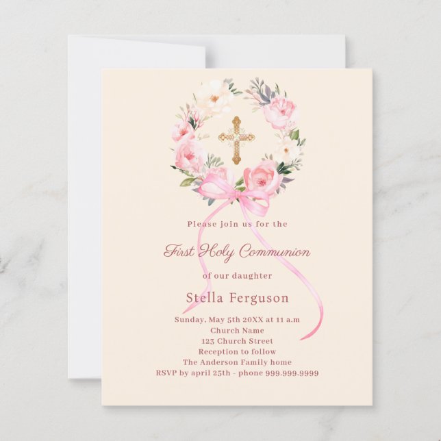 Lámina Ivory blush florals bow First Communion invitation (Anverso)