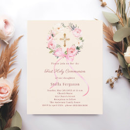 Lámina Ivory blush florals bow First Communion invitation