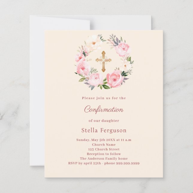 Lámina Ivory blush florals cross Confirmation invitation (Anverso)