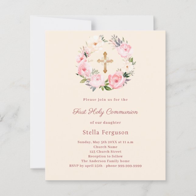 Lámina Ivory blush florals First Communion invitation (Anverso)
