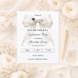 Lámina Ivory bow pearls Graduation party Save the Date<br><div class="desc">Announce your milestone with this Coquette Graduation Save the Date. The design features a lush ivory bow embellished with delicate pearl strands and a classic mortarboard icon. Perfect for the stylish senior girl looking to share her portrait with family and friends. 1 sheet = 1 invitation printed edge to edge....</div>