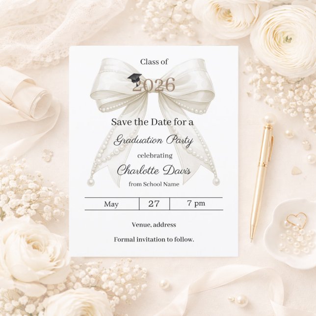 Lámina Ivory bow pearls Graduation party Save the Date (Subido por el creador)
