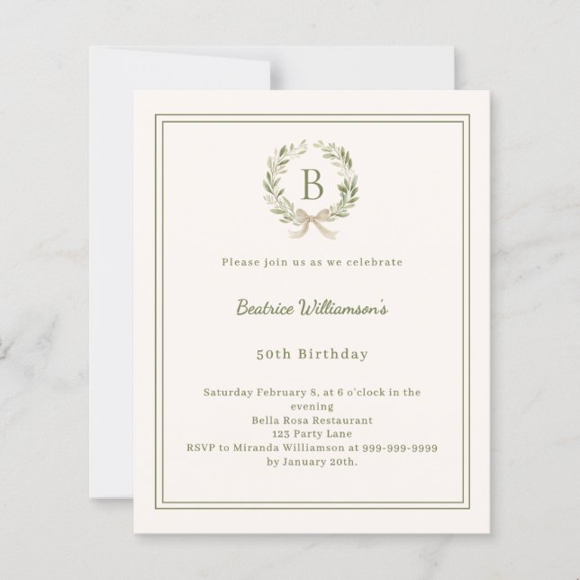 Lámina Ivory greenery wreath monogram Birthday invitation (Anverso)
