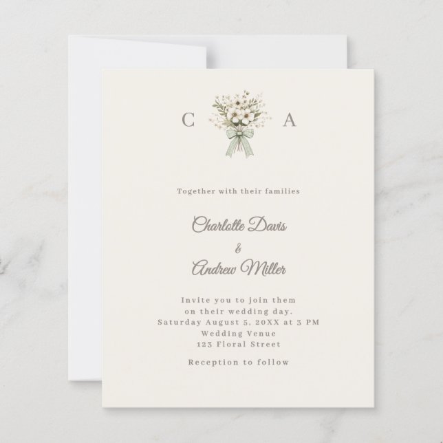 Lámina Ivory monogrammed floral green wedding invitation (Anverso)