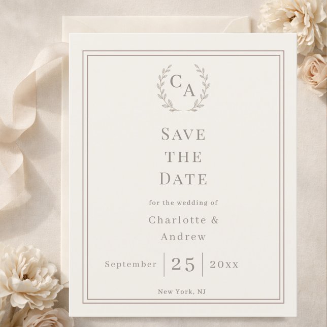 Lámina Ivory monogrammed wreath wedding Save the Date  (Subido por el creador)