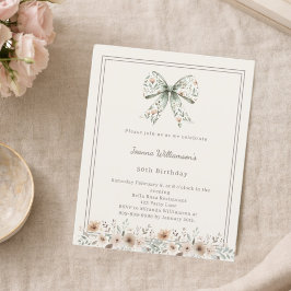 Lámina Ivory muted green bow florals birthday invitation