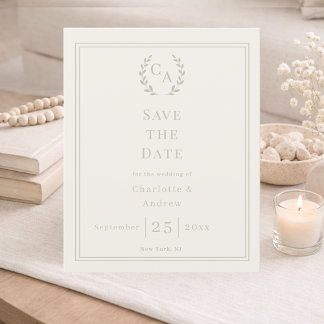 Lámina Ivory sage green monogram wedding Save the Date