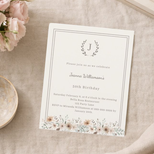 Lámina Ivory taupe monogram wreath birthday invitation (Subido por el creador)