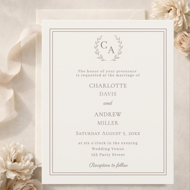Lámina Ivory taupe wreath monogram wedding invitation (Subido por el creador)