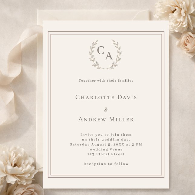 Lámina Ivory taupe wreath monogrammed wedding invitation (Subido por el creador)