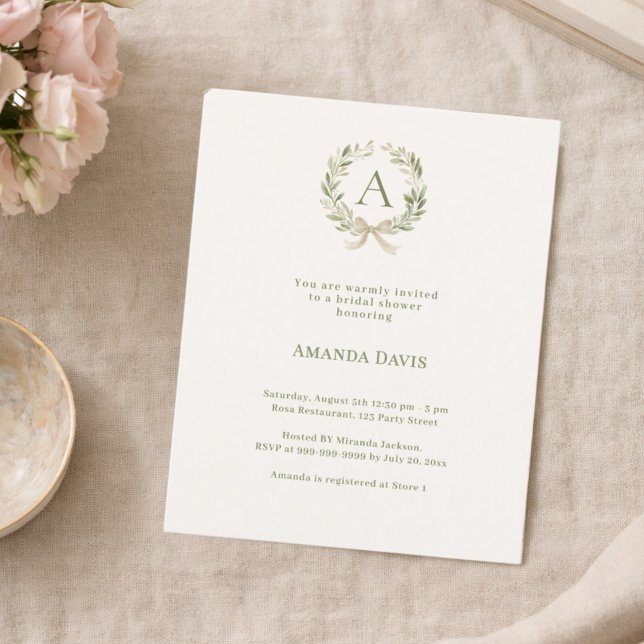 Lámina Ivory wreath bow monogram Bridal Shower invitation (Subido por el creador)