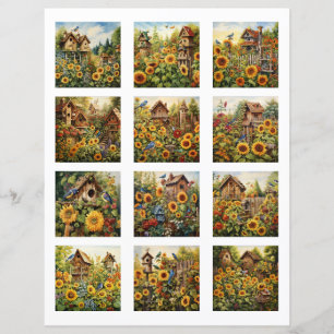 Lámina Jardín de girasoles y casas de pájaros de corte di